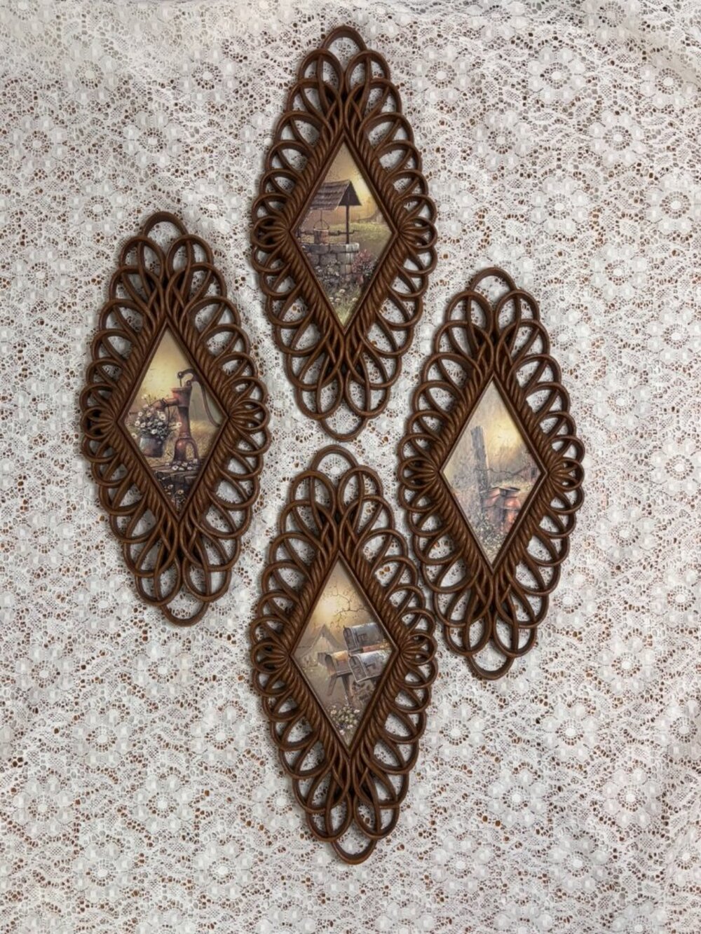 VTG 70s 4pc Faux Rattan Diamond Wall Art Americana Cottagcore Burwood Prints